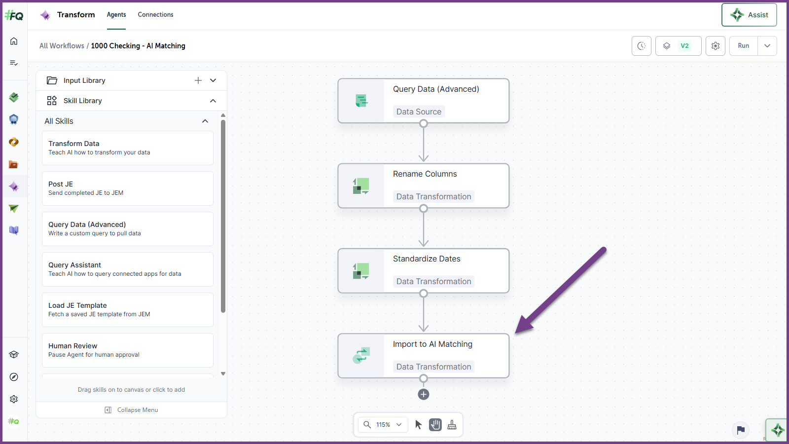 Agent on the canvas with the Import to AI Matching block highlighted