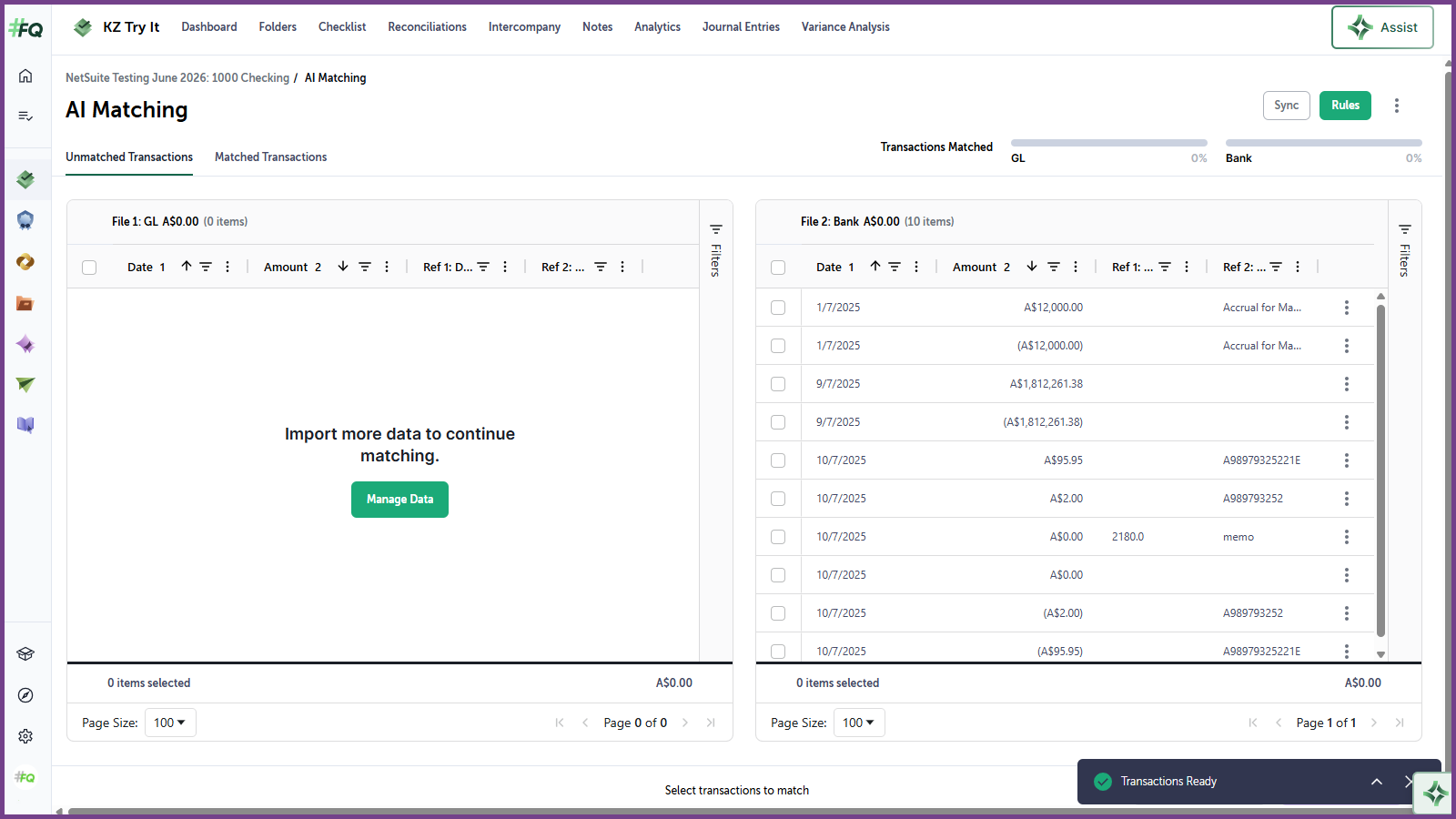 Imported transactions in AI Transaction Matching