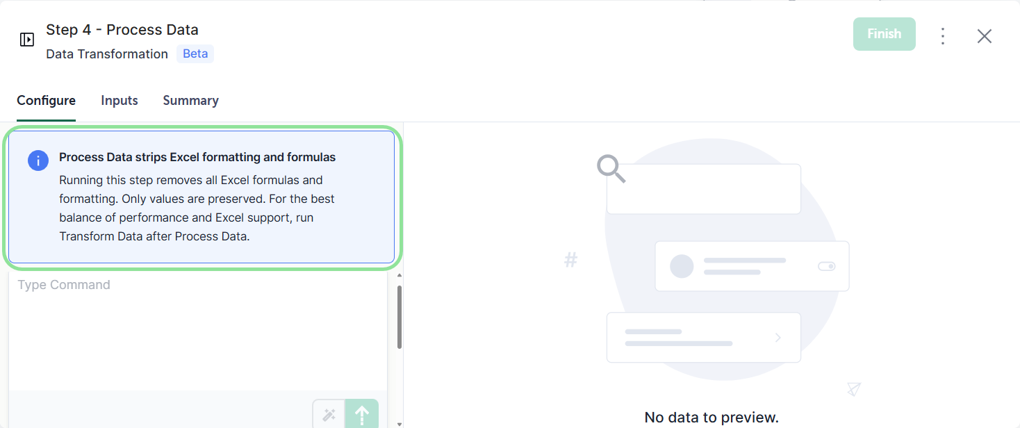 The permanent banner inside the Process Data configuration panel