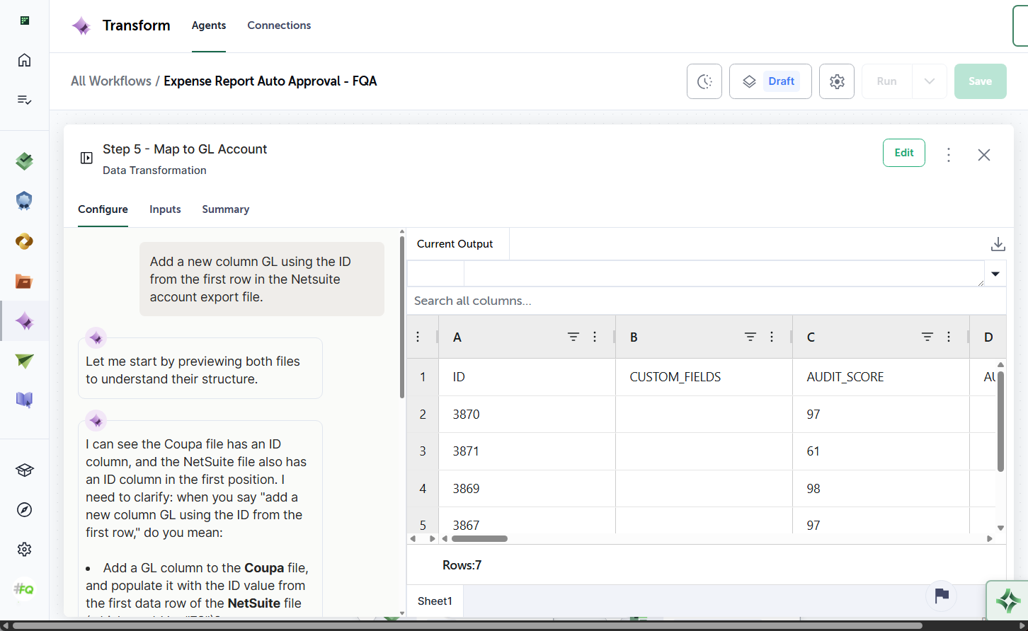 A step's configuration panel open in the Visual Agent Builder