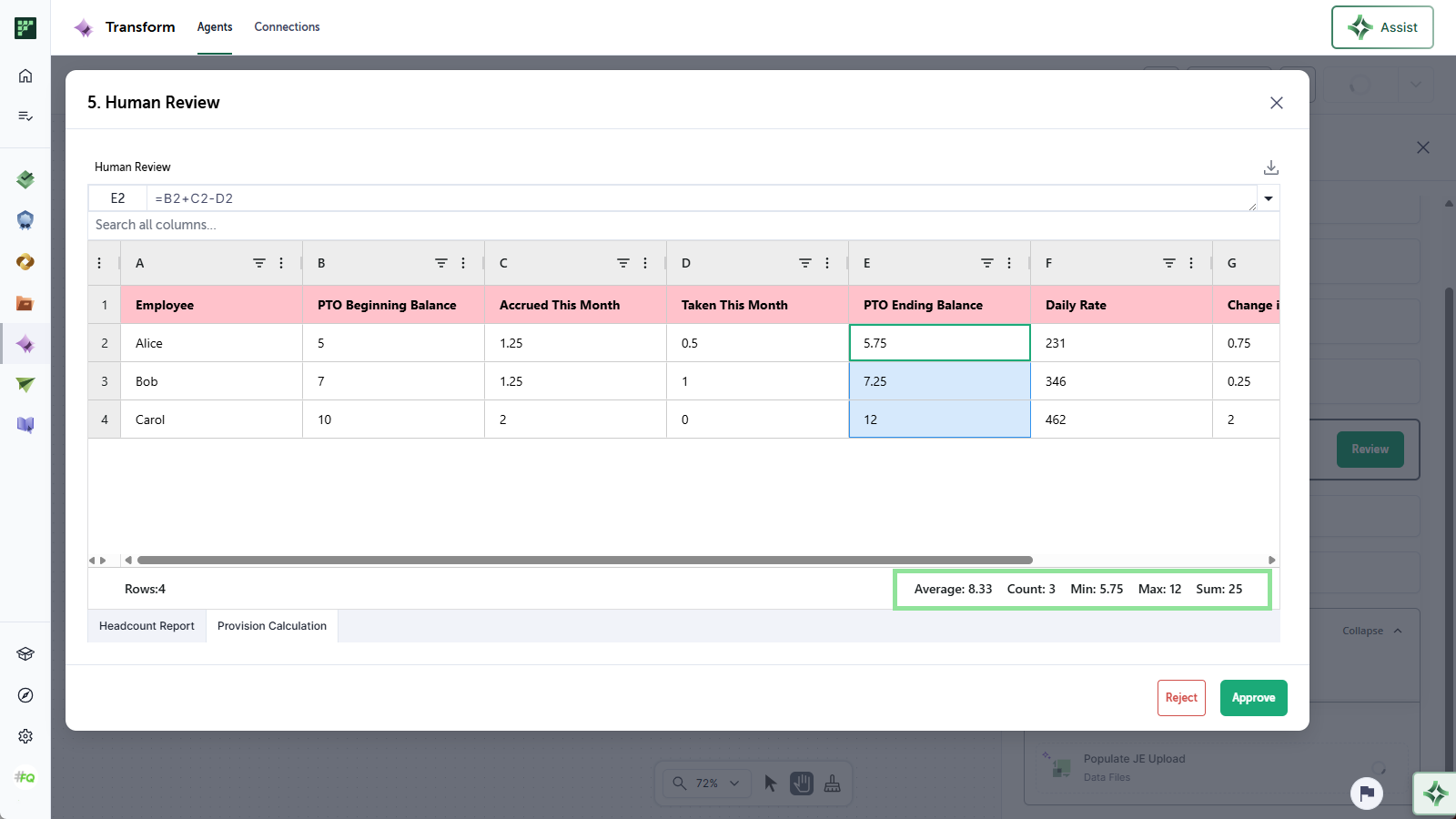 The interactive file preview with filters applied, pinned columns, and a totals row