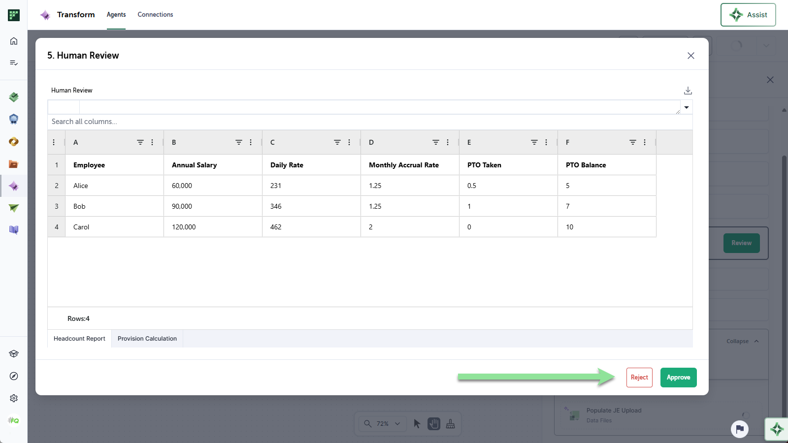 A run paused at a Human Review step with the Approve and Reject options and the file preview