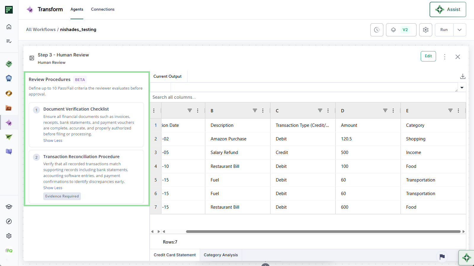 The Procedures section in the Human Review step configuration with checkbox and evidence items