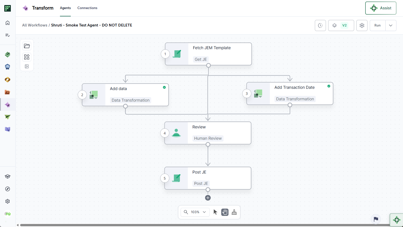 An agent on the canvas showing Load JE Template, data steps, Human Review, and Post JE in sequence