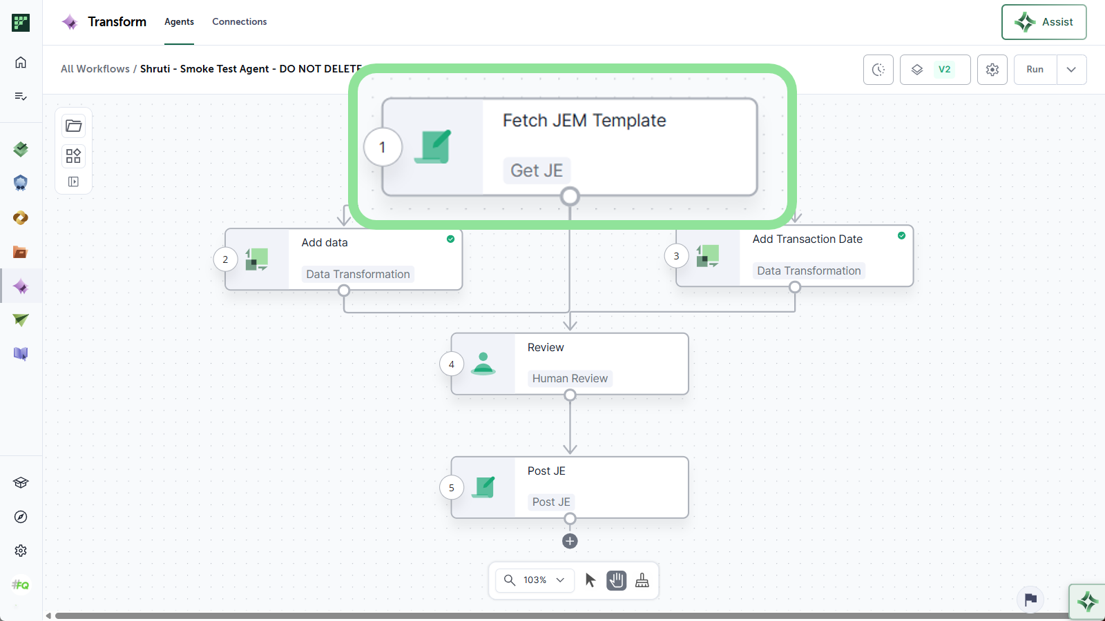 The Load JE Template step configuration in the builder