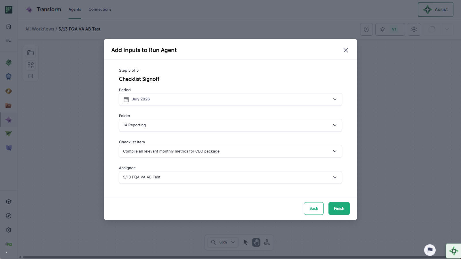 The Checklist Signoff step in an agent on the canvas