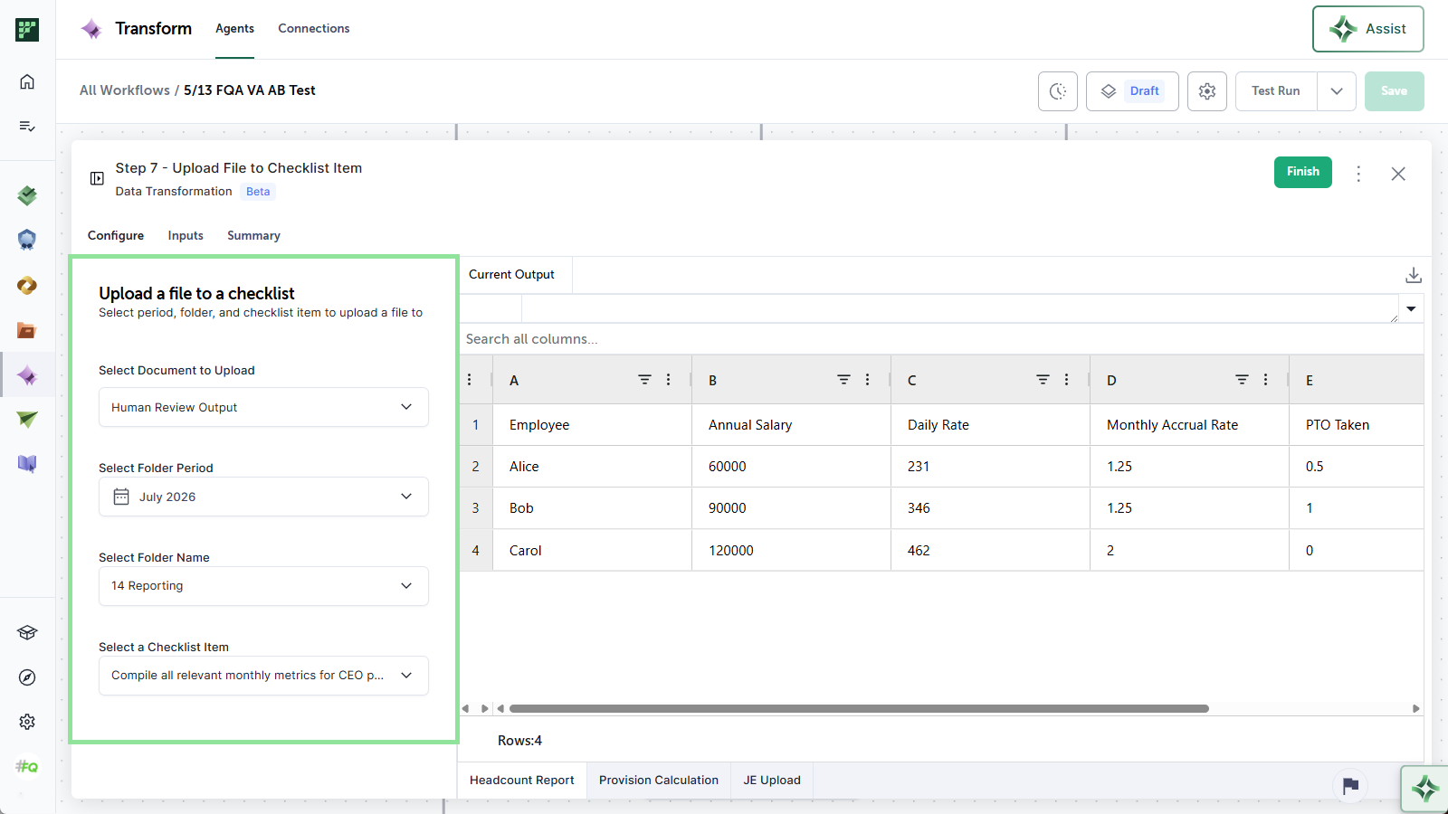 The Upload File to Checklist Item step configured in the builder