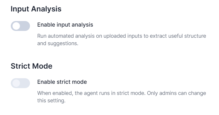 The Input Analysis and Strict Mode toggles in Agent Settings