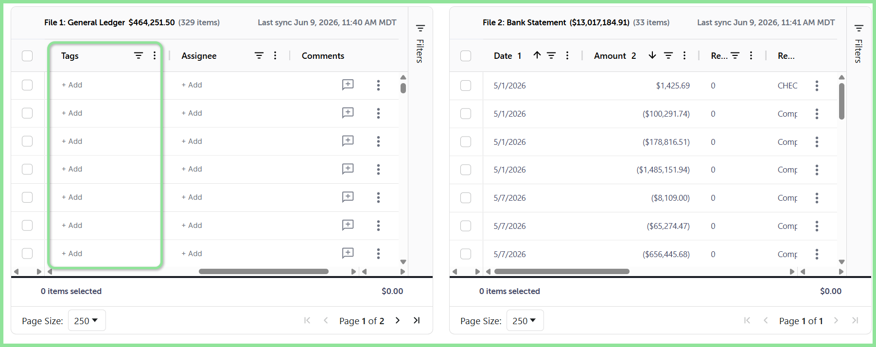 The Tags column with the Add option for a transaction