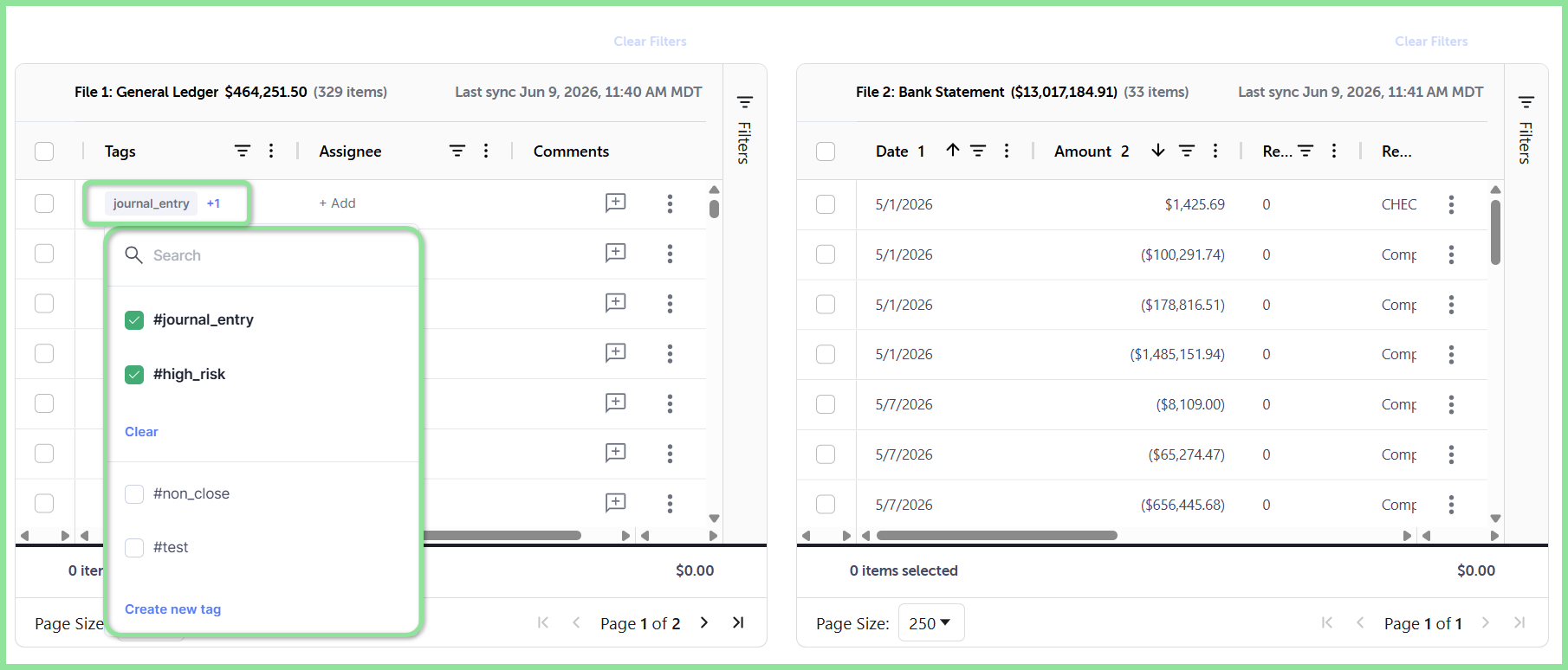 A transaction with assigned tags displayed in the table
