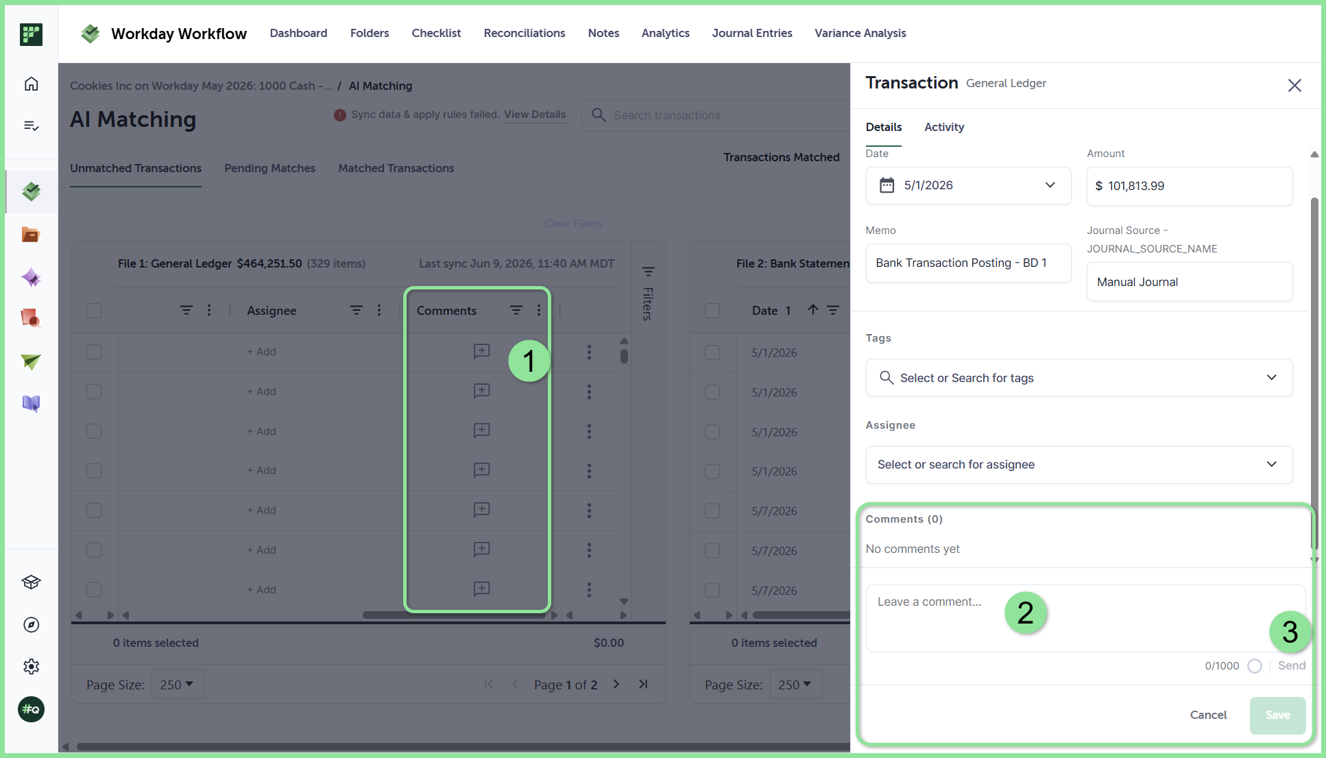 The comment window open on the right side of the transactions table