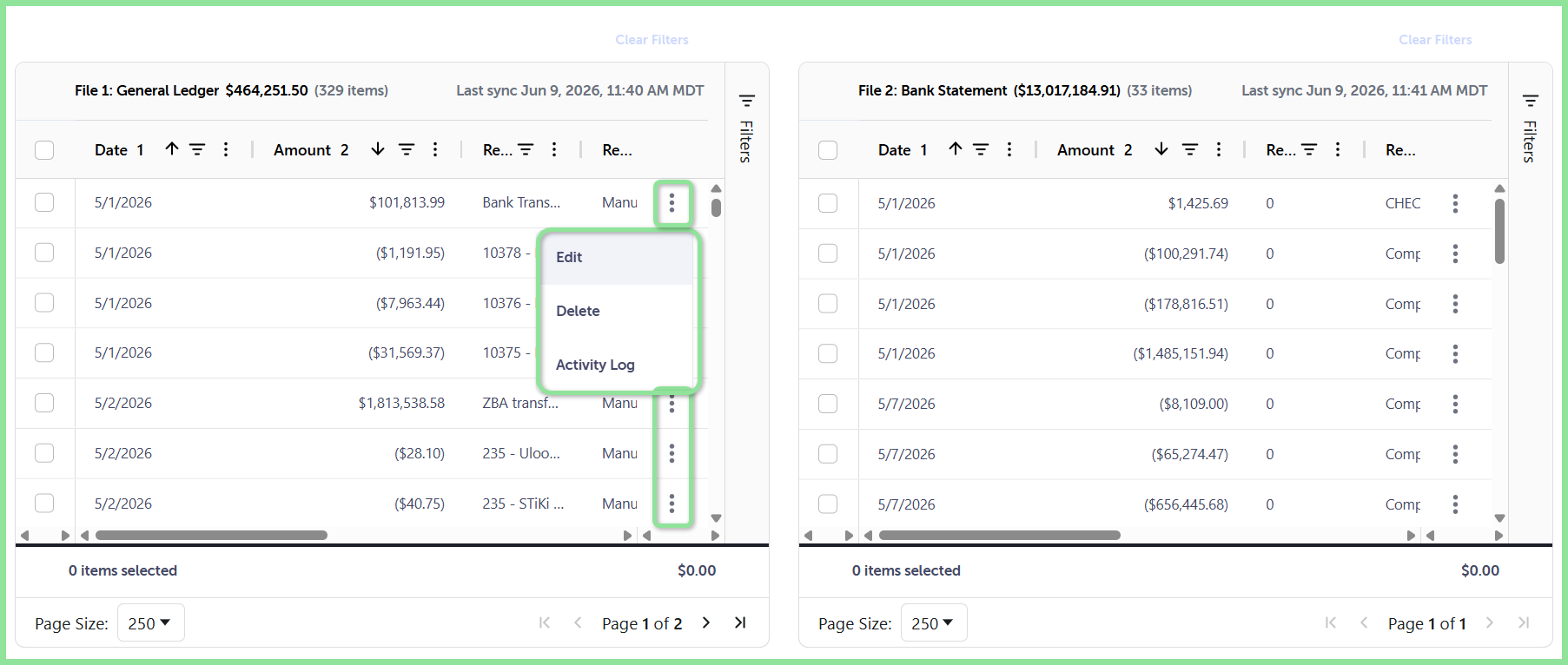 The kebab menu with the Edit option for a transaction