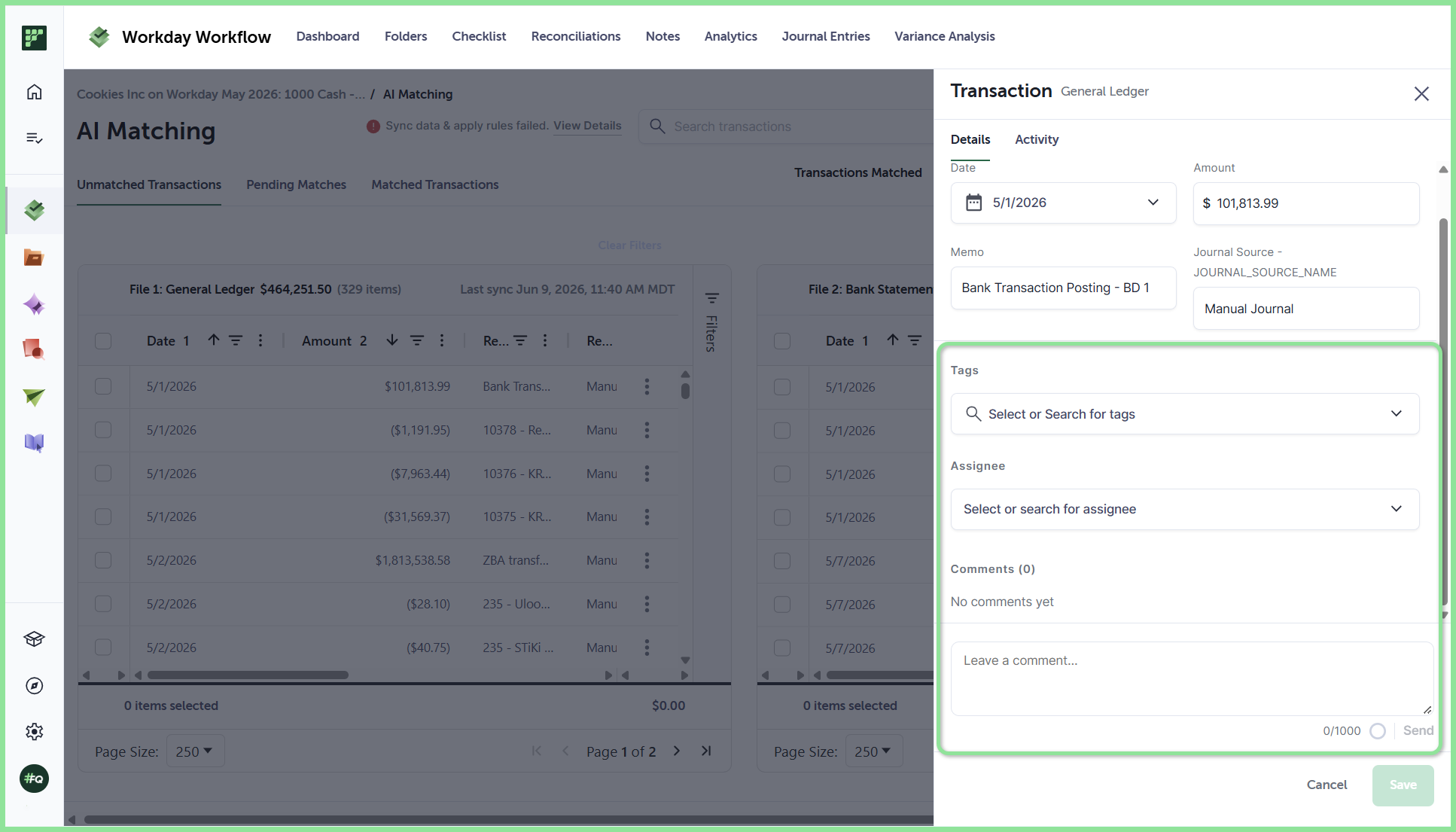 The transaction details drawer with Tags, Assignee, and Comment fields