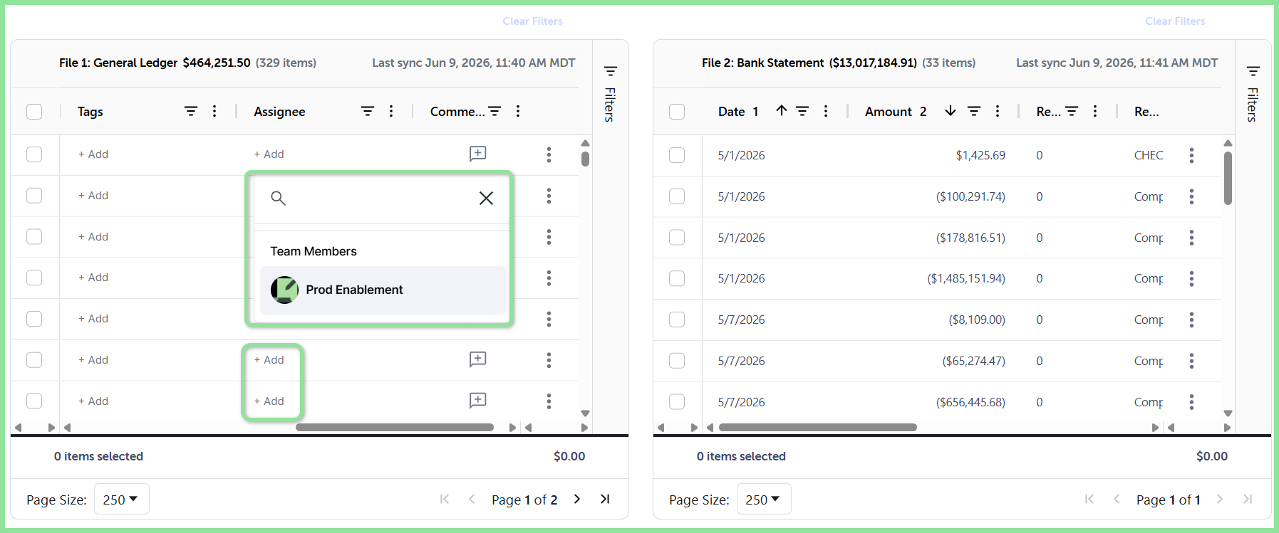 The Assignee column with a teammate selected for a transaction
