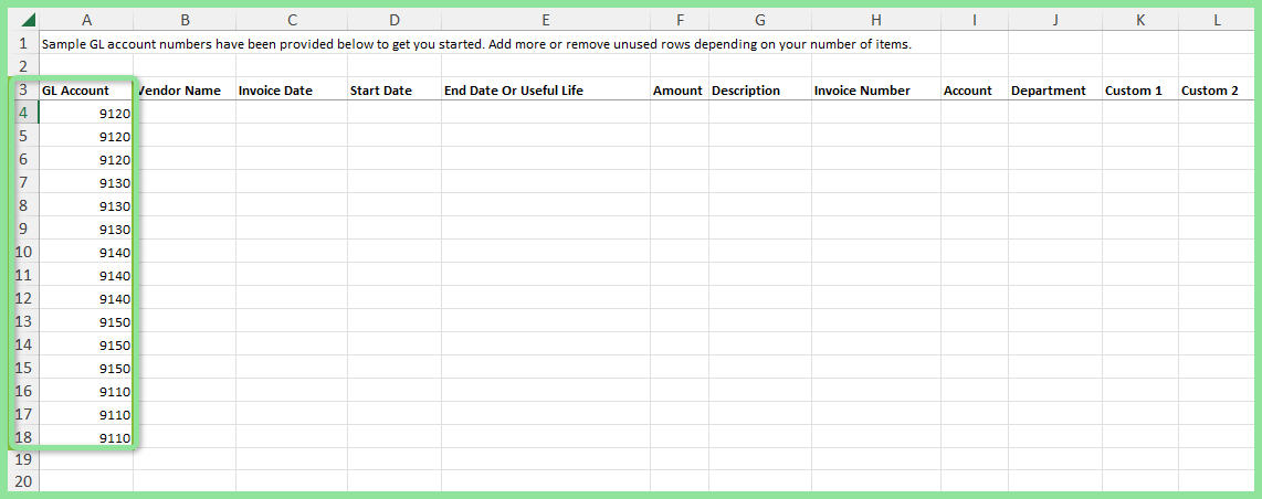 Historical template for importing detailed history, with GL Account numbers in column A