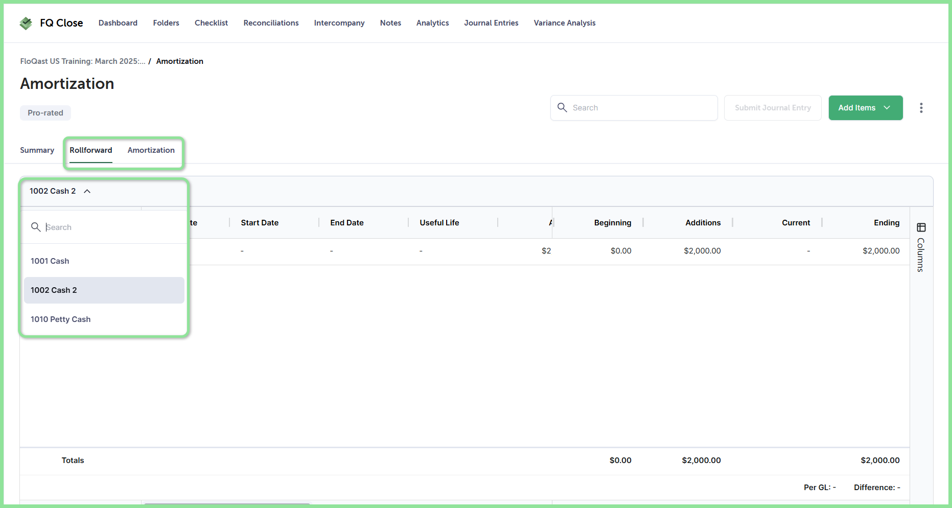 Switching between accounts on the Rollforward and Amortization tabs