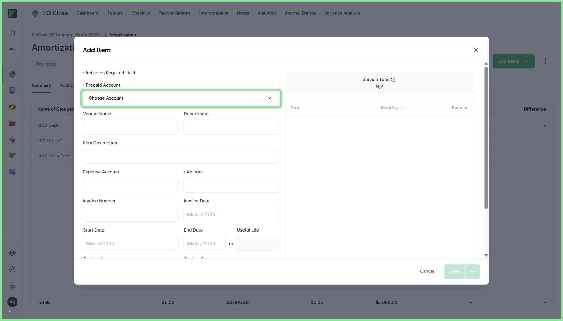 Account selection field when adding an item in the module