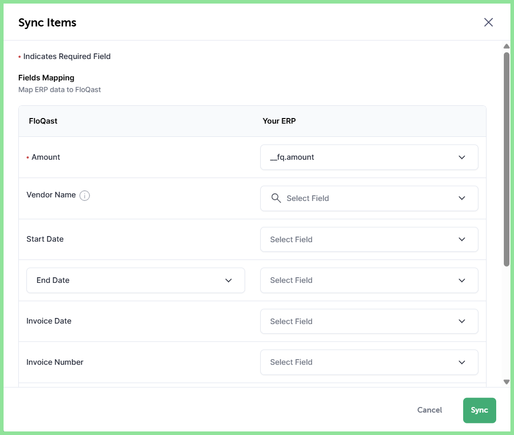 Field mapping screen for syncing additions from your ERP