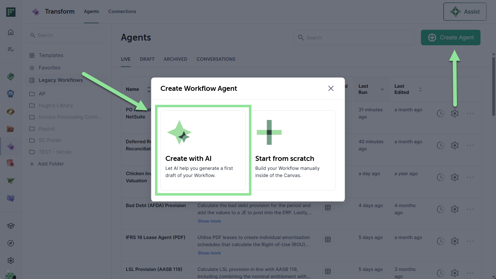 Create Workflow Agent window with the Create with AI option