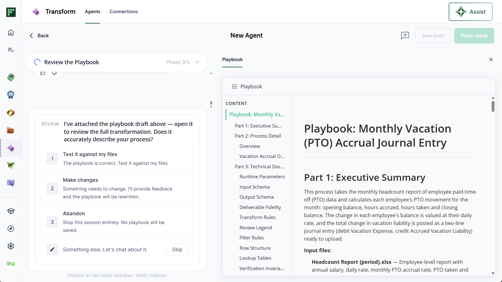 Review the Playbook prompt with the Test it against my files, Make changes, and Abandon options, next to the Playbook draft in the right panel