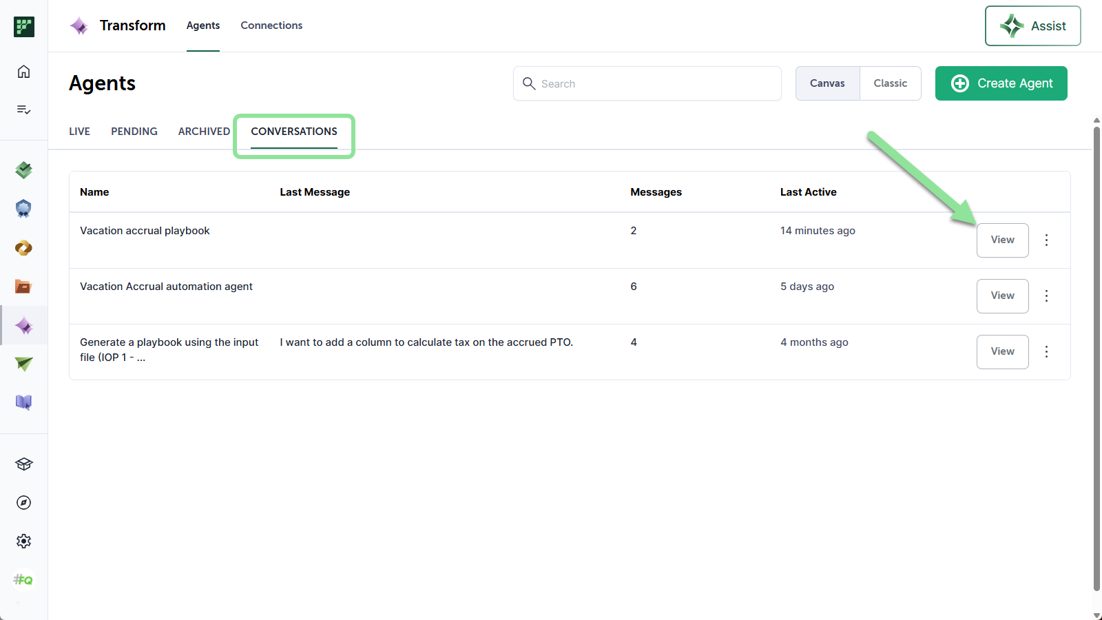 Conversations tab on the Transform landing page with the View button